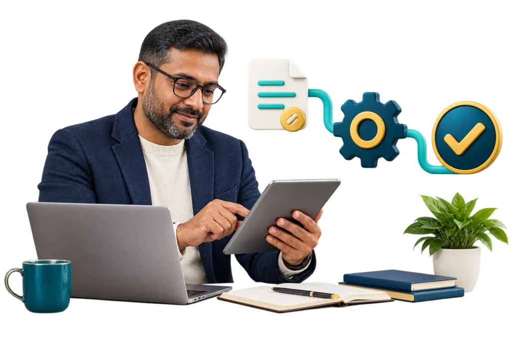 Business owner reviewing an automation workflow with document, process and approval symbols.