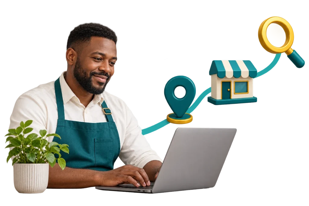 Shop owner reviewing local search visibility with map pin, storefront and search symbols.