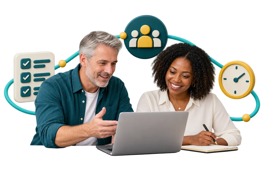 Business director and digital specialist planning work together, with team, checklist and time symbols.