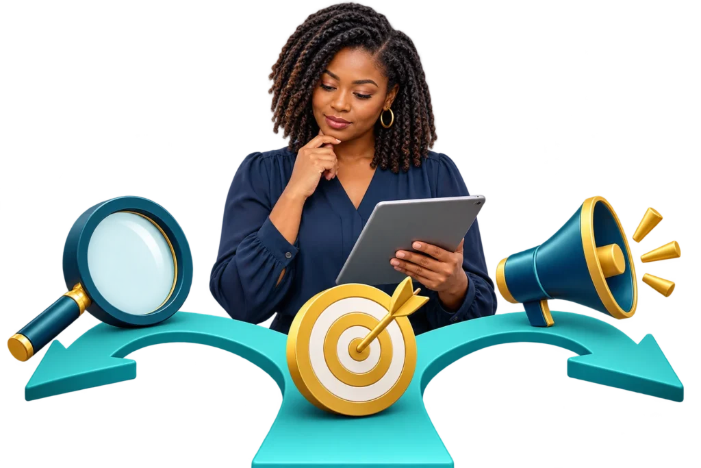 Business founder comparing search optimisation and advertising routes on a tablet.