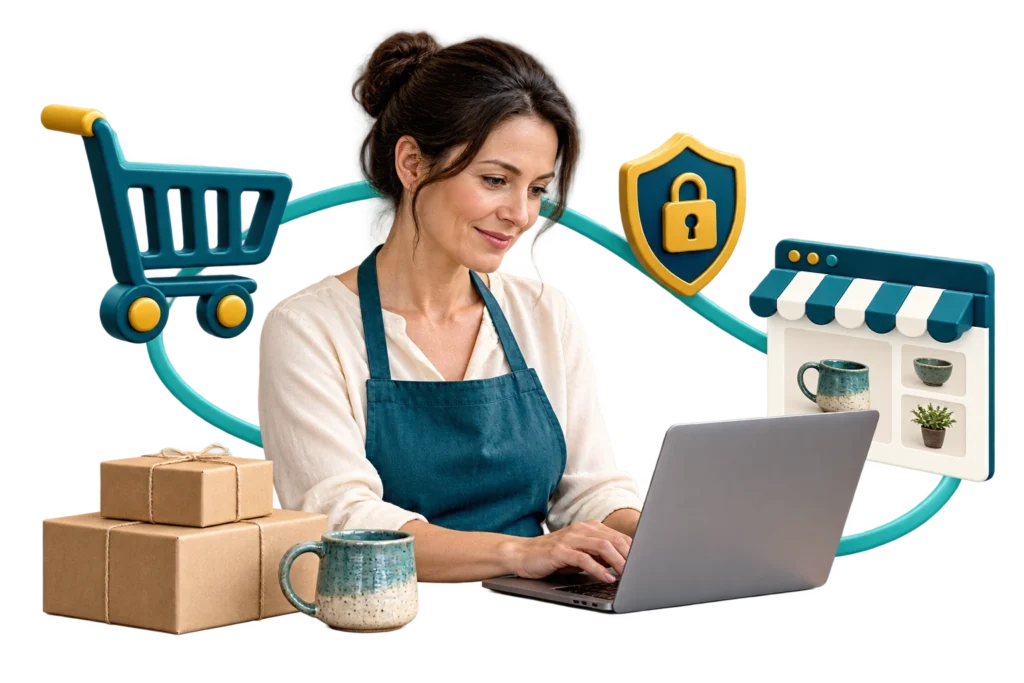 Online shop owner reviewing a laptop beside parcels with shopping and payment symbols.