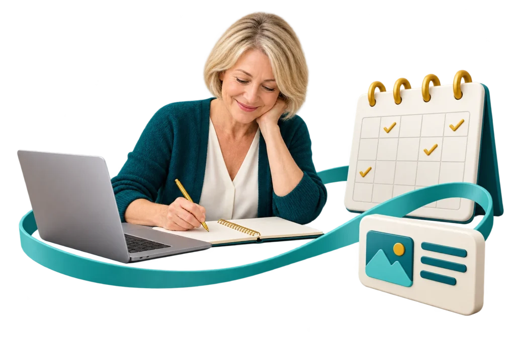 Business owner planning a content calendar beside a notebook and laptop.