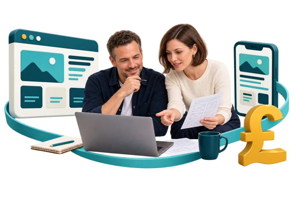 Small business owner and website adviser reviewing a website brief with responsive screen and cost symbols.