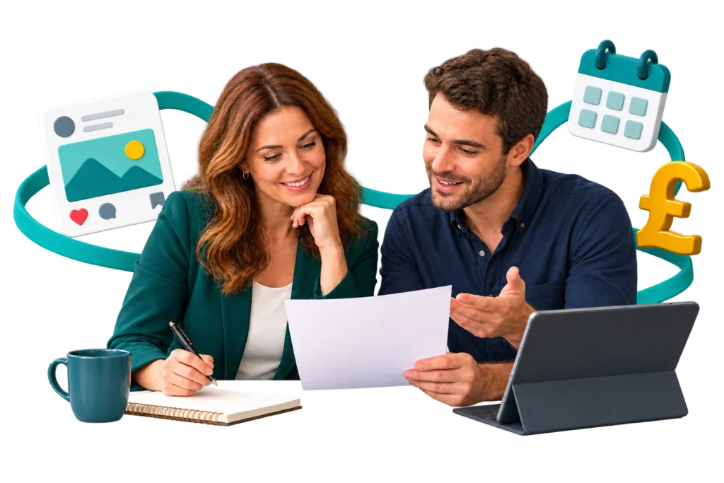 Business owner and adviser comparing social media plans on a tablet, with calendar and pound symbols.
