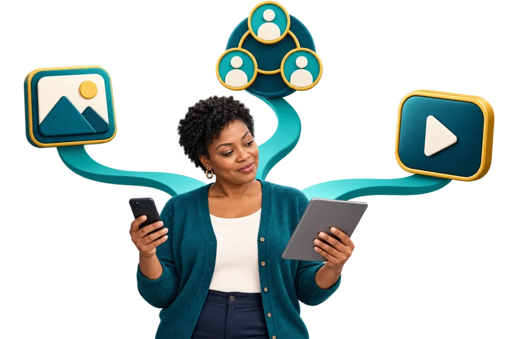 Business owner choosing social media channels using a phone and tablet with photo, network and video symbols.