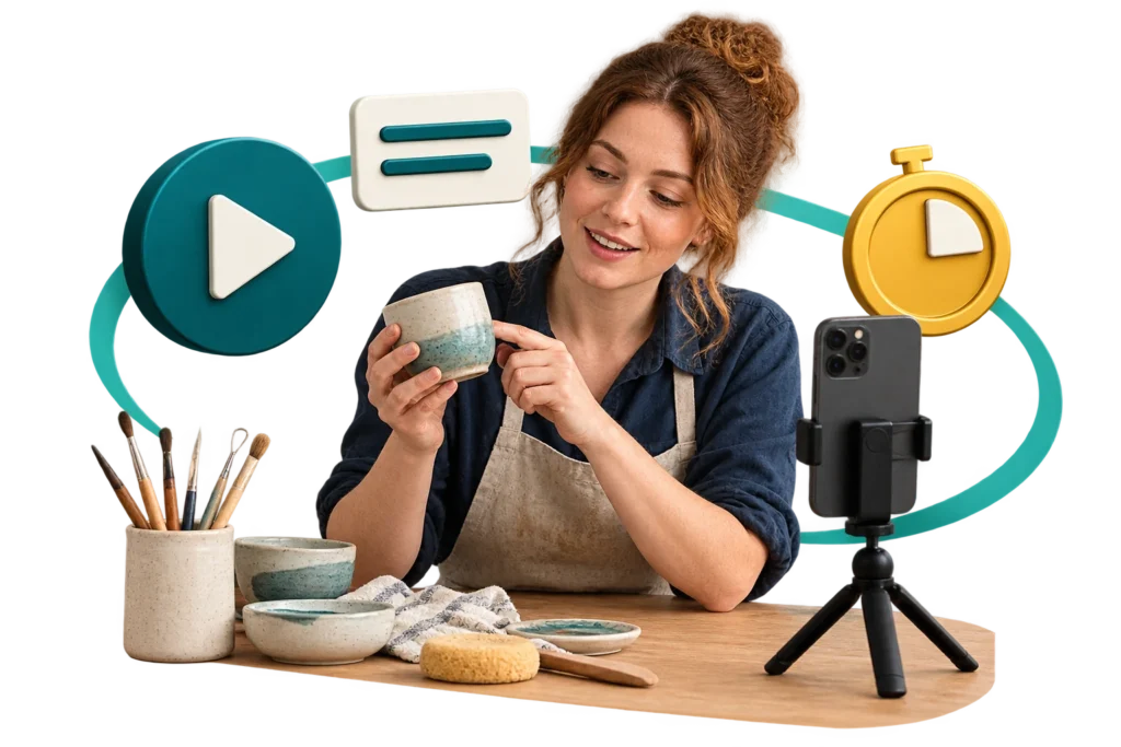 Business owner filming a product demonstration with a phone on a tripod.
