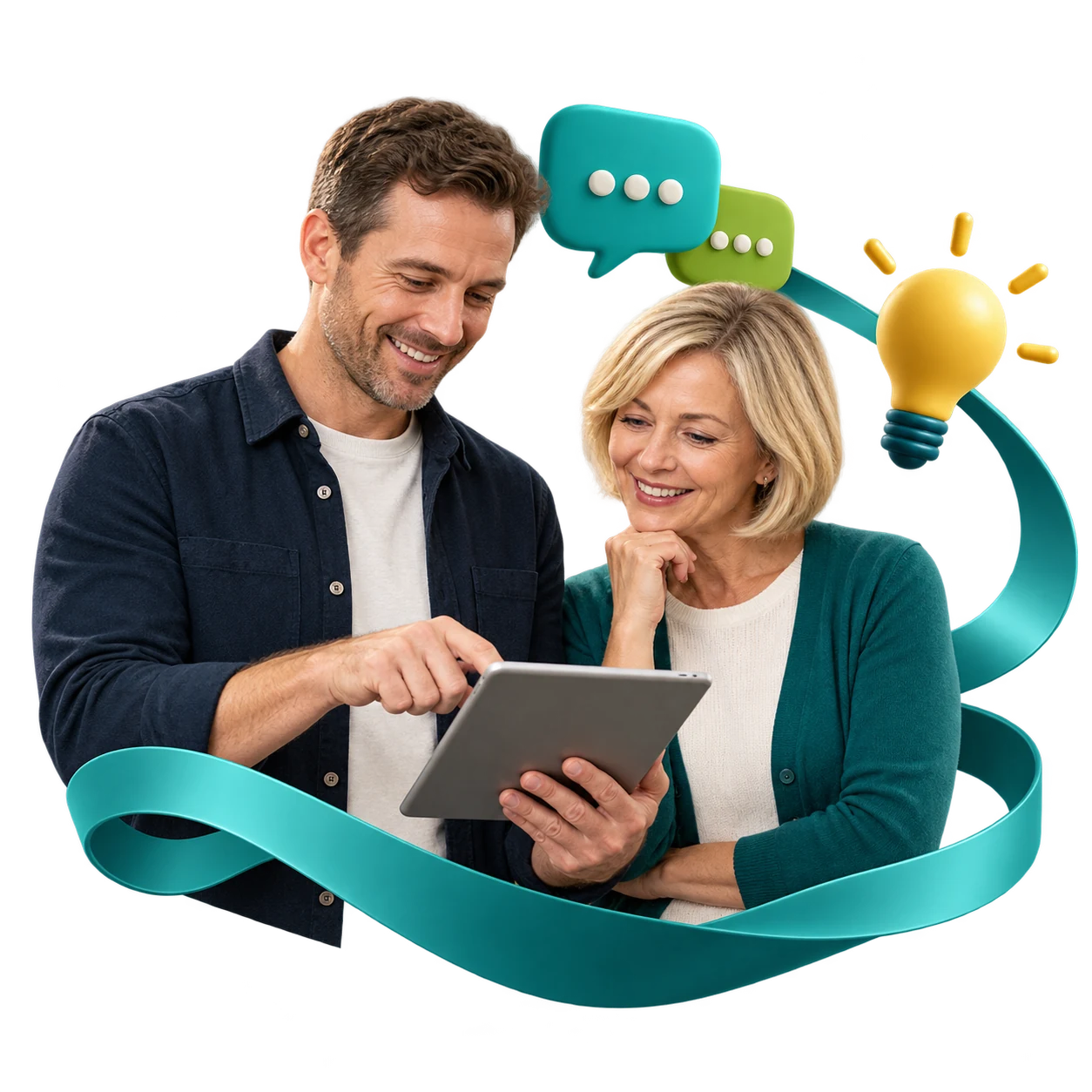 Business professionals collaborating around practical digital ideas.