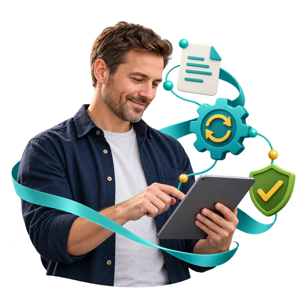 Business professional directing connected AI tools and approval checks.