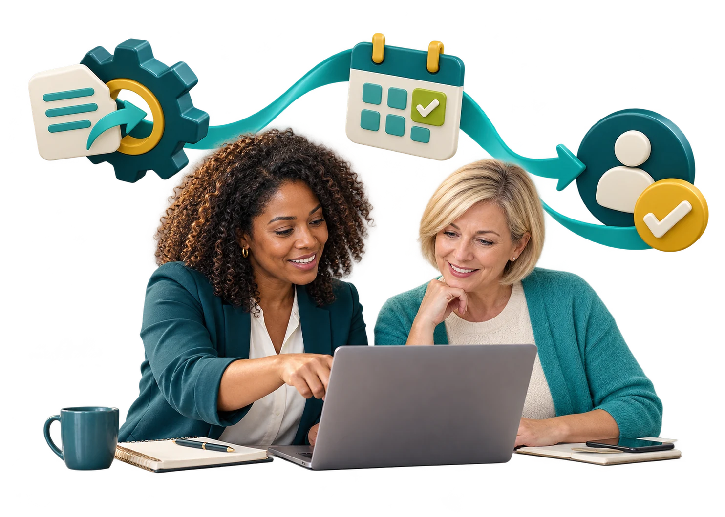 Colleagues reviewing an automated task workflow with human approval.