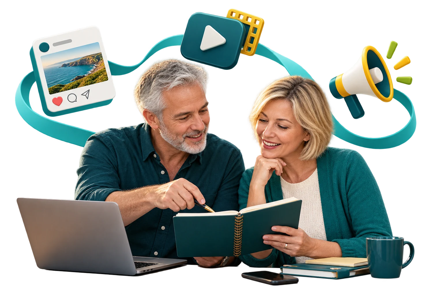 Business owner and adviser planning consistent content and campaign support.