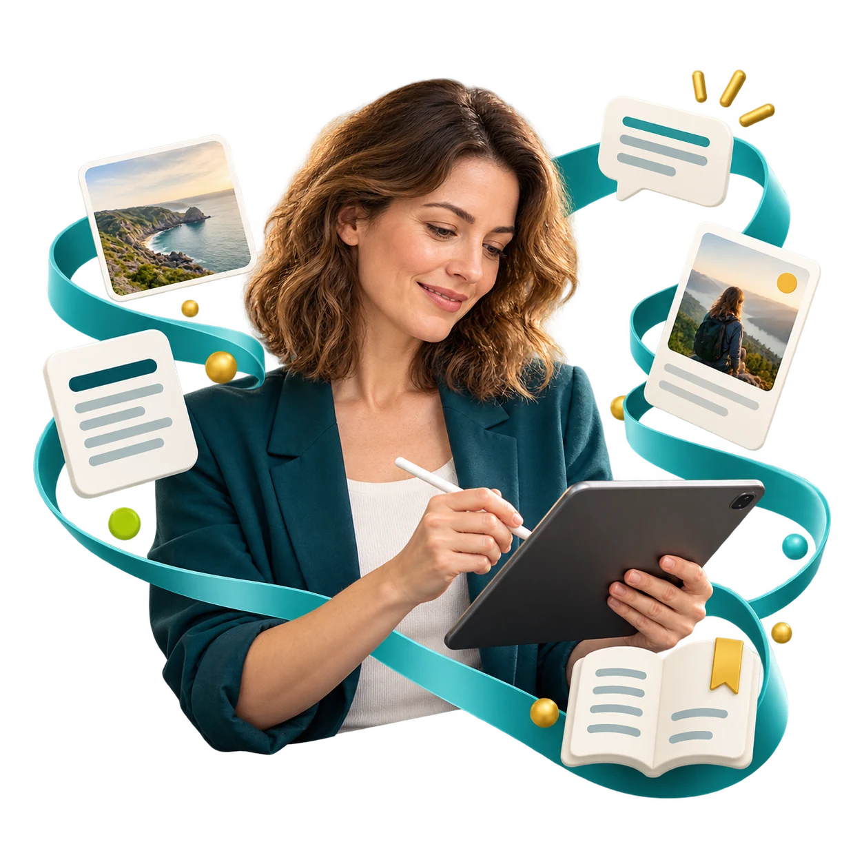 Content creator using a tablet with writing and visual-content symbols.