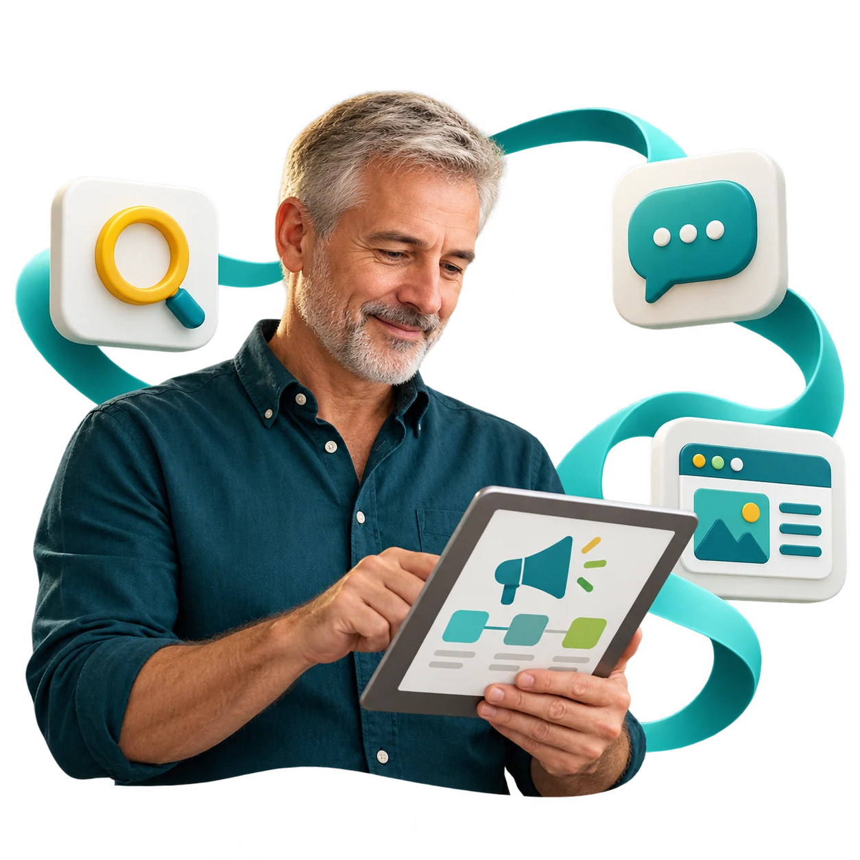 Business owner reviewing connected search, website and campaign activity.