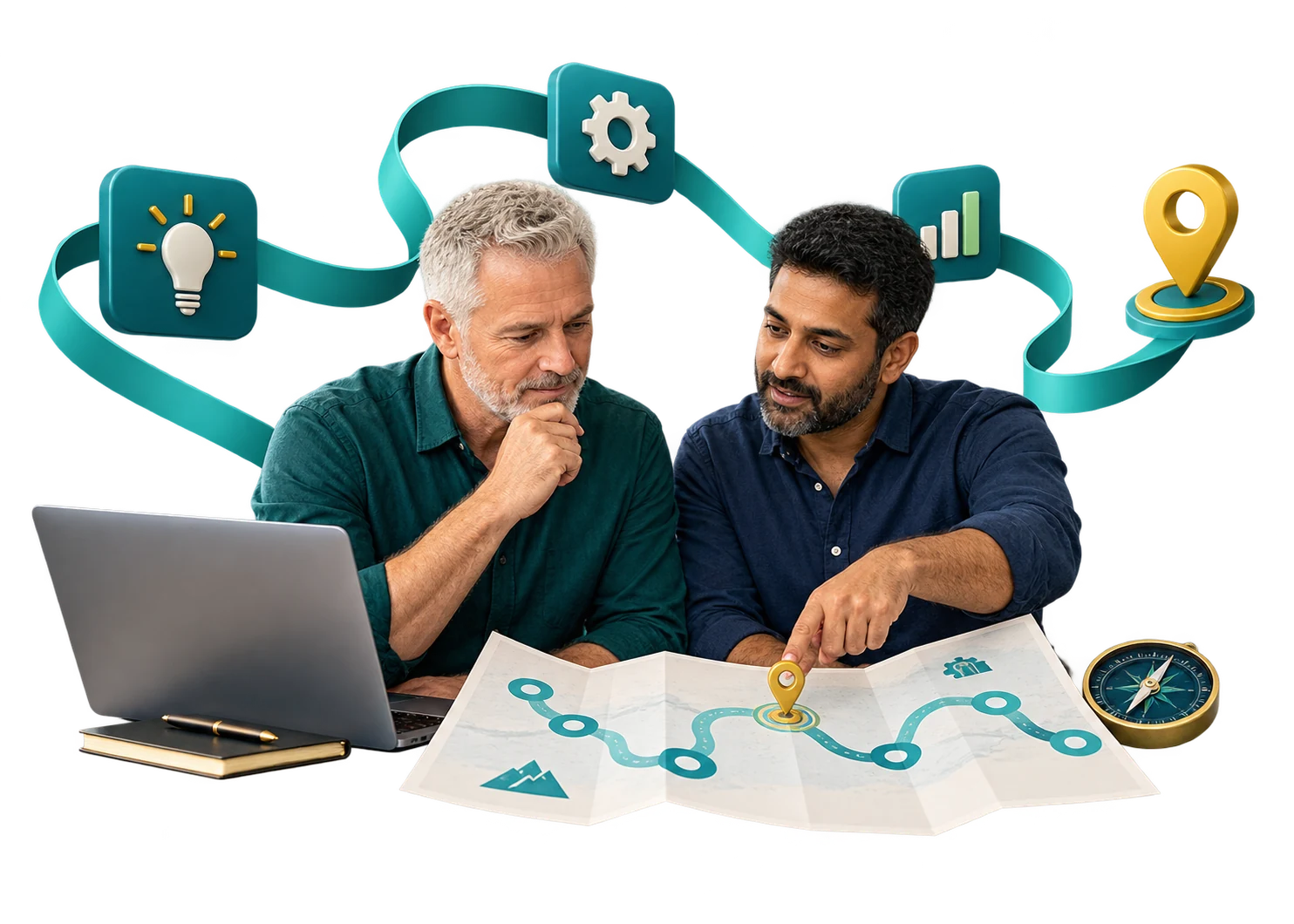 Business professionals choosing priorities on a practical digital roadmap.