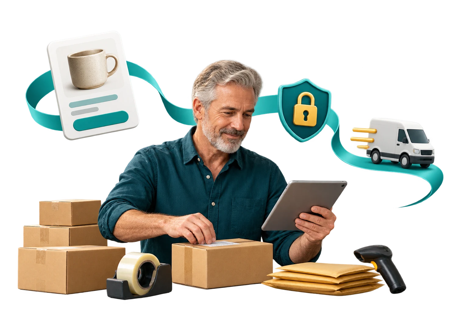 Retailer organising an online order, payment and delivery.
