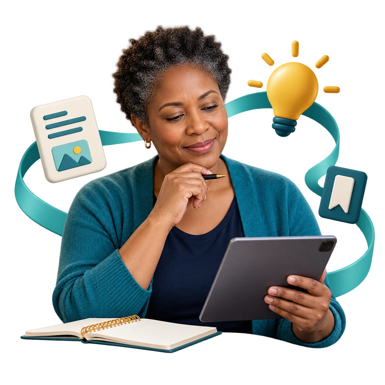 Business owner learning practical digital ideas with a tablet and notebook.
