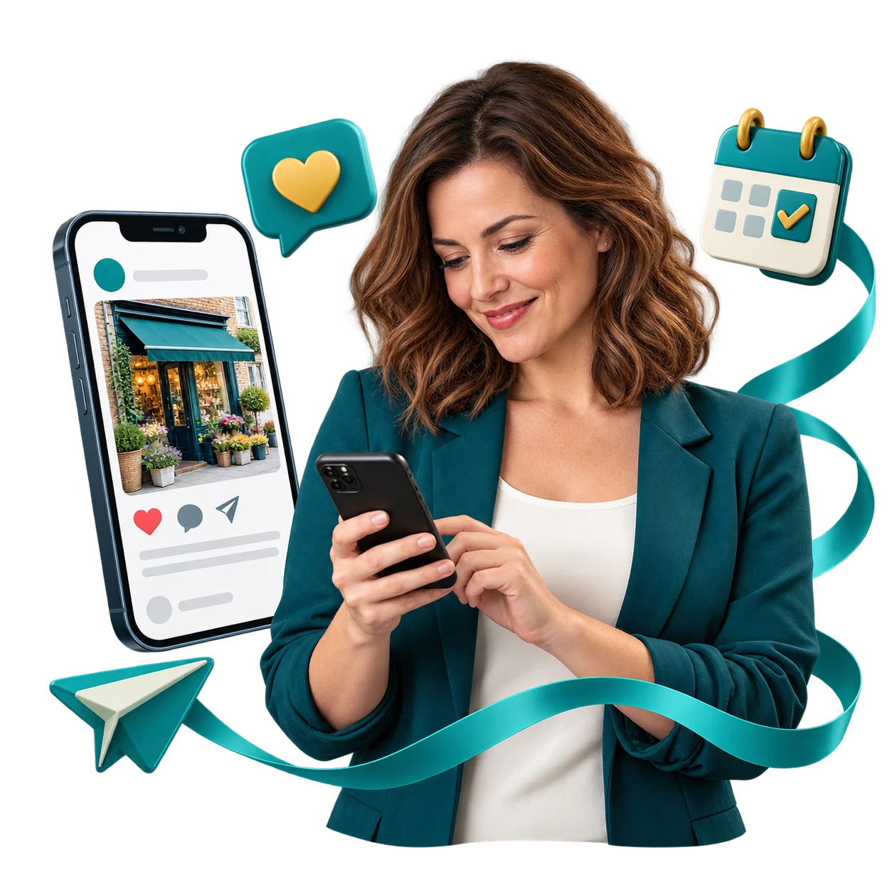 Business owner using her phone alongside social content, engagement and scheduling graphics.