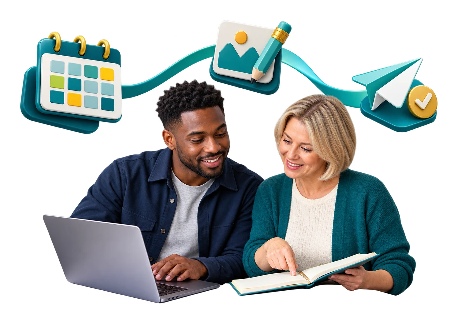 Social media specialist and business owner planning content with calendar, creation and publishing symbols.