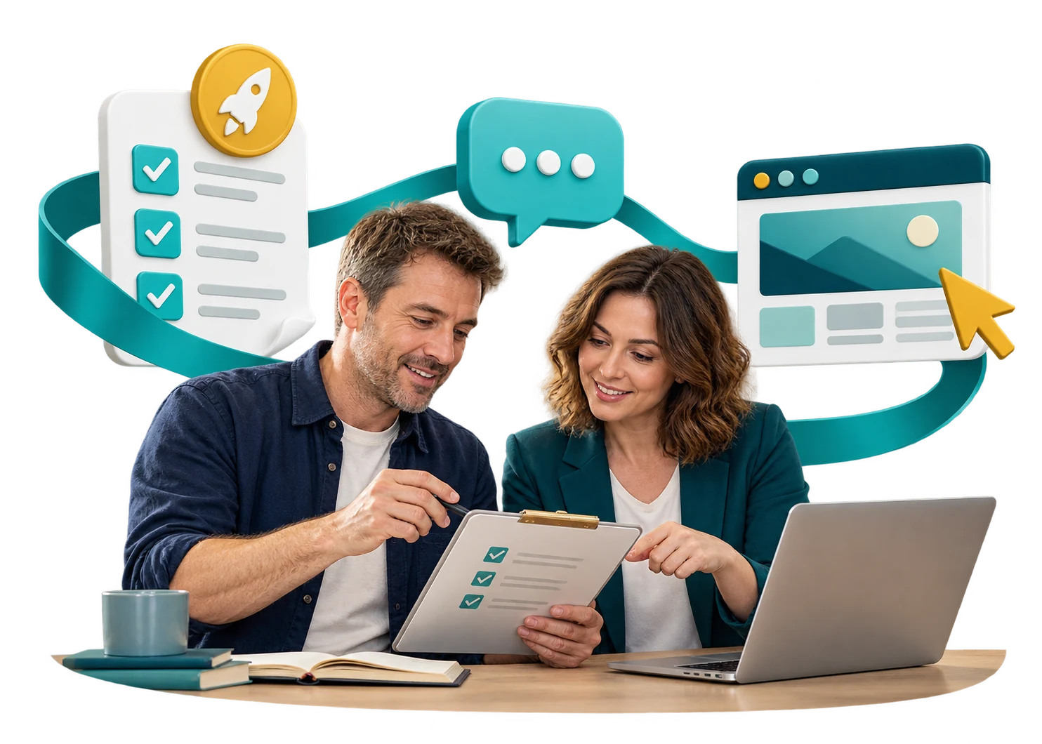 Founder and adviser organising essential content and website steps for launch.