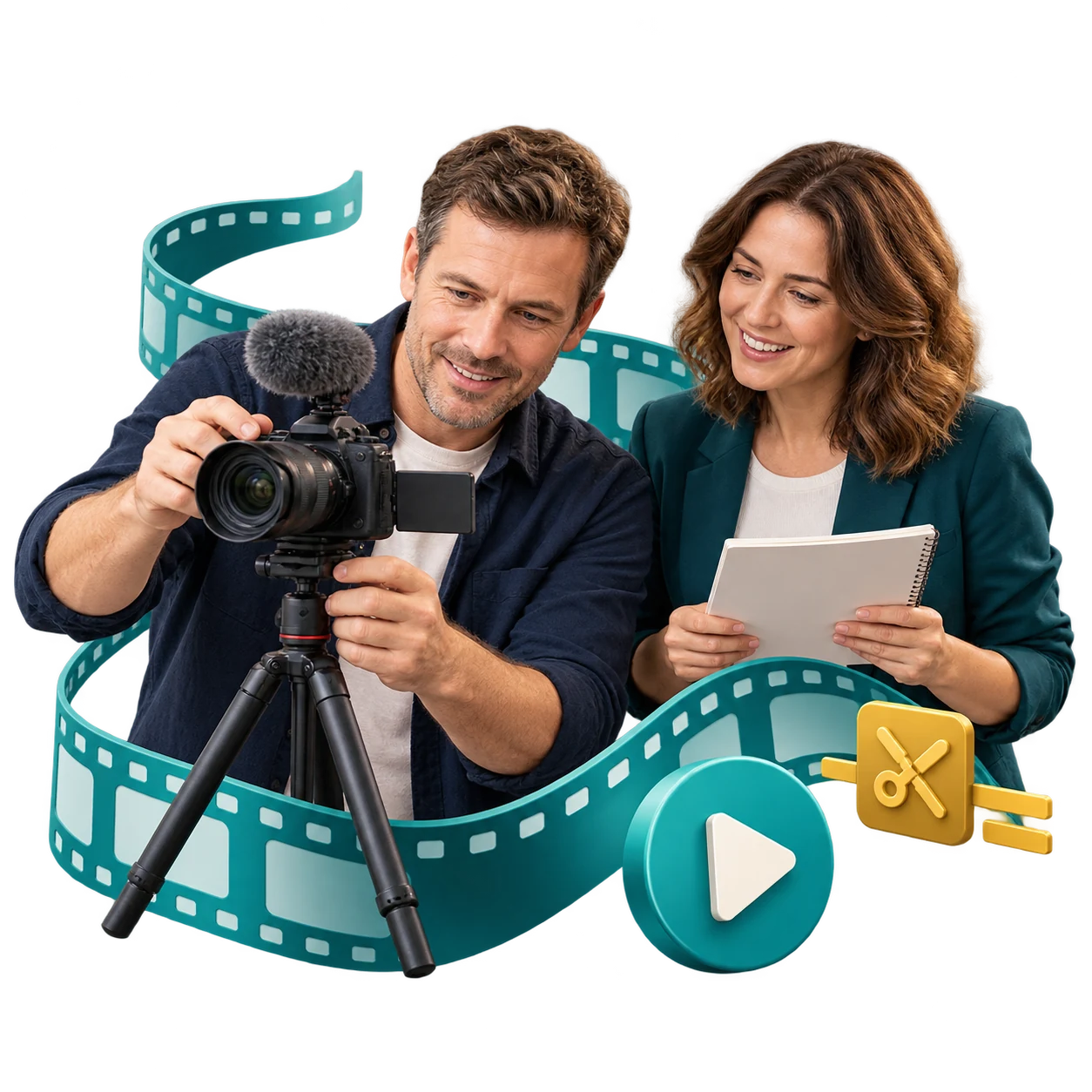 Video creators preparing a camera with filmstrip and playback graphics.