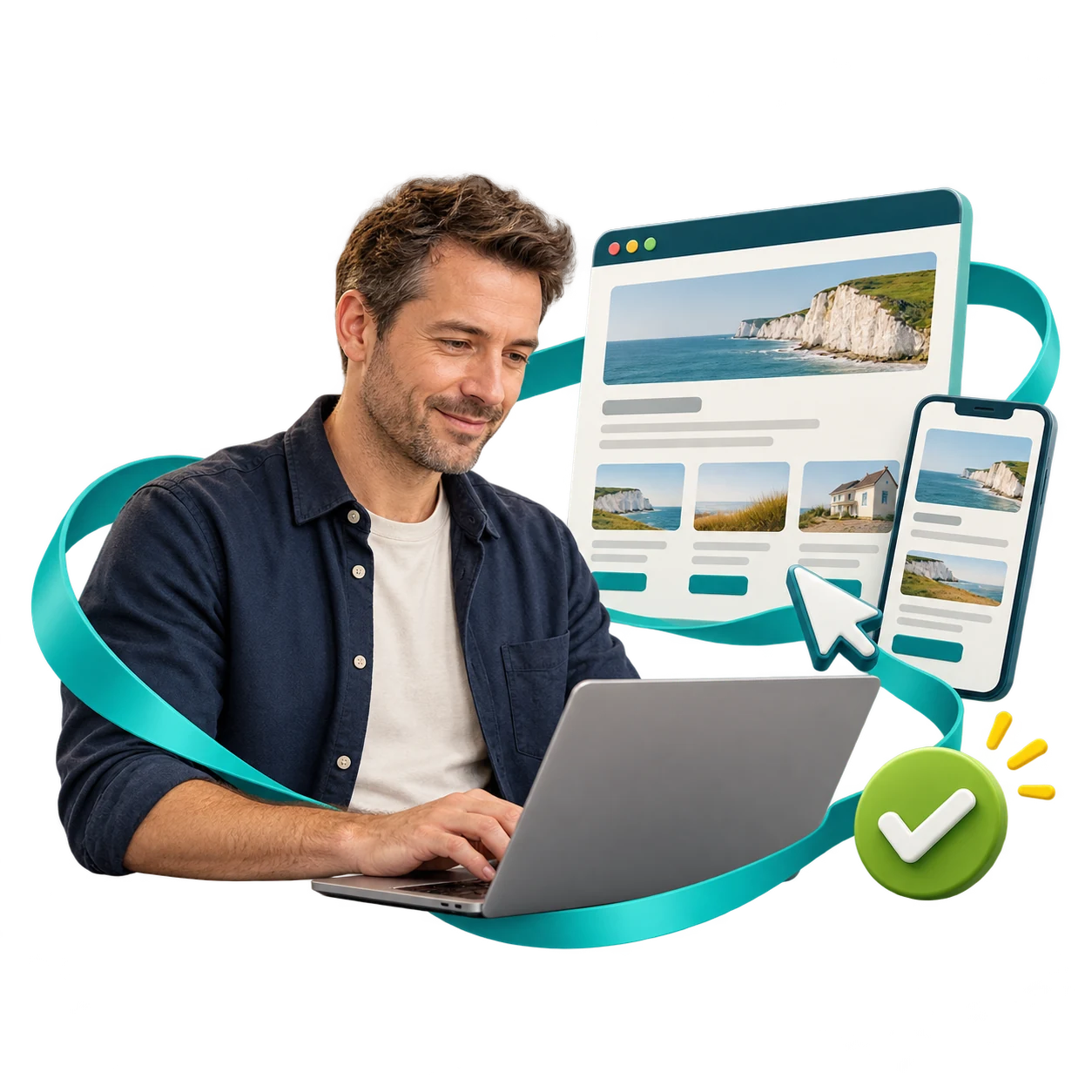 Website designer creating matching desktop and mobile page layouts.