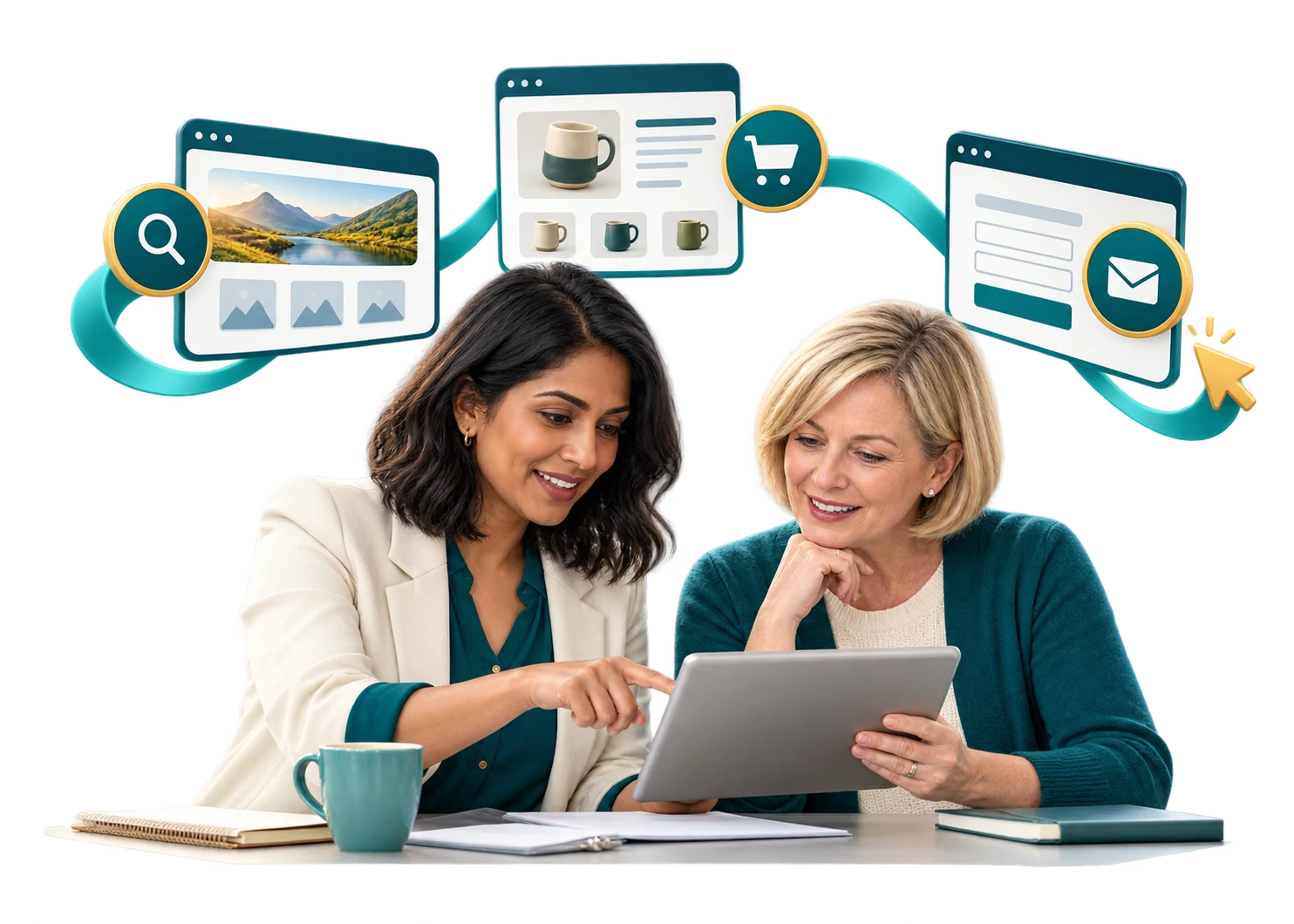 Designer and client reviewing a clear website customer journey.